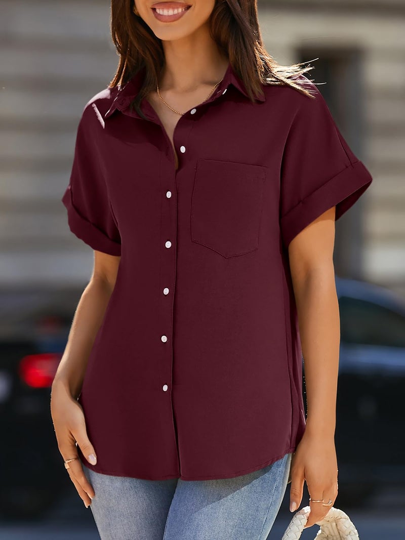 Beautife Womens Short Sleeve Shirts V Neck Collared Button Down Shirt Tops with Pockets (Small, Wine Red) - Image 2